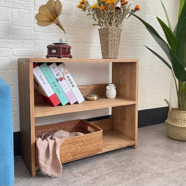Solid Elm Wood Double-Layer Storage Shelf, Wall-Mounted Bookcase & Entryway Shoe Rack - Image 4