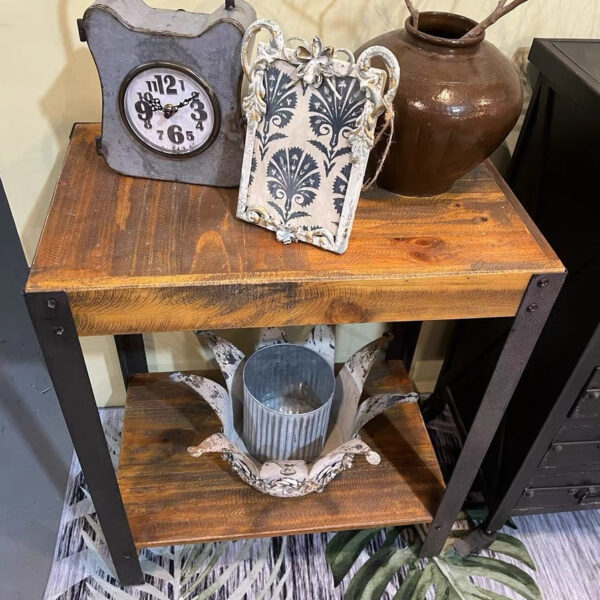 Rustic Industrial Side Table – Dual-Tier Wooden Shelf for Storage & Display - Image 6