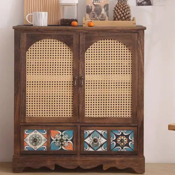 Solid Wood Rattan Two Drawer Storage Cabinet - Image 5