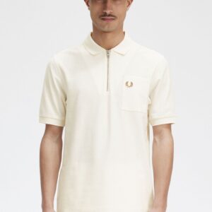Textured Zip Neck Polo Shirt Ecru
