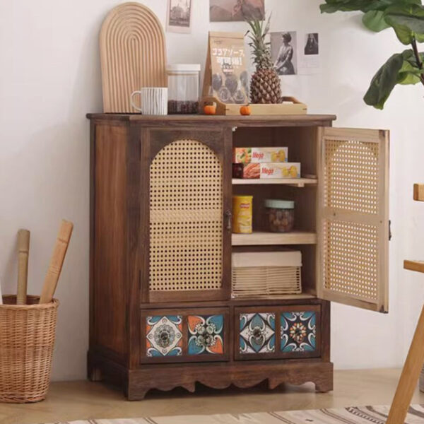 Solid Wood Rattan Two Drawer Storage Cabinet - Image 4