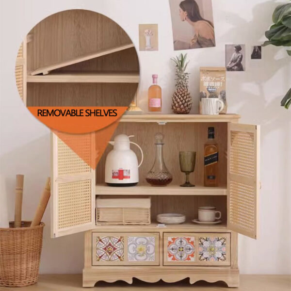 Solid Wood Rattan Two Drawer Storage Cabinet - Image 10