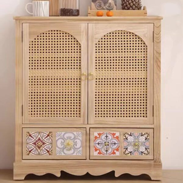 Solid Wood Rattan Two Drawer Storage Cabinet - Image 6