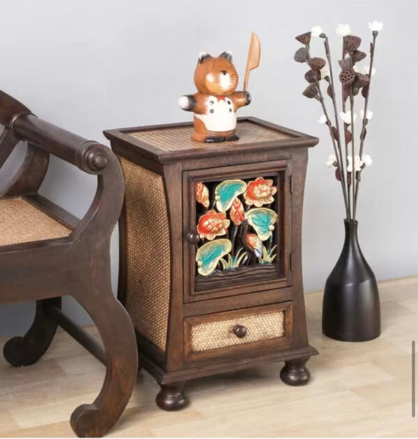 Craftsman style hand carved and rattan bedside table - Image 6