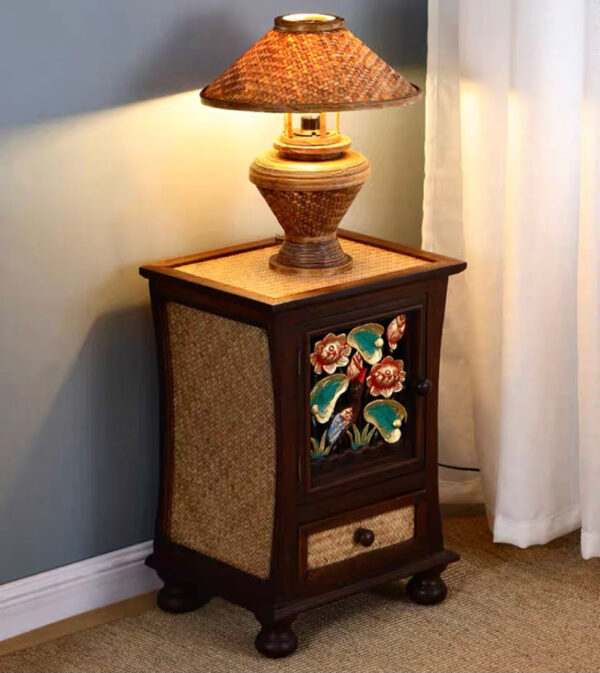 Craftsman style hand carved and rattan bedside table - Image 3