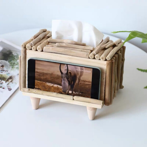 Rustic Wooden Tissue Box with Phone Holder - Image 4