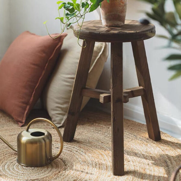 Vintage Round High Stool with Tripod Legs – Rustic Wooden Accent Stool - Image 3