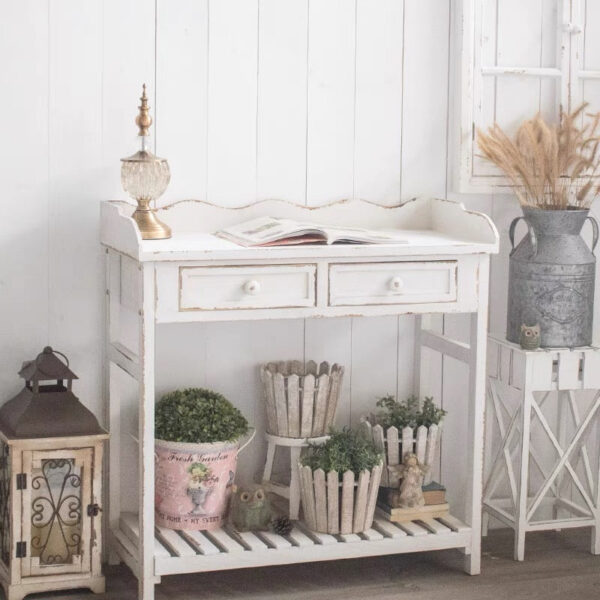 Vintage distressed solid wood console table – garden utility bench with drawers - Image 5