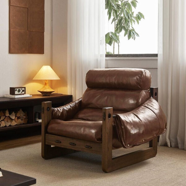 Cat-Proof Vintage Leather Armchair – Genuine Leather, Solid Wood Frame - Image 2