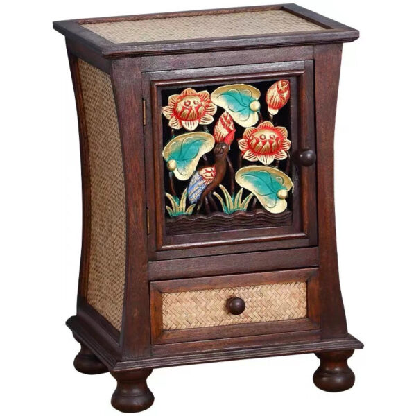 Craftsman style hand carved and rattan bedside table - Image 5
