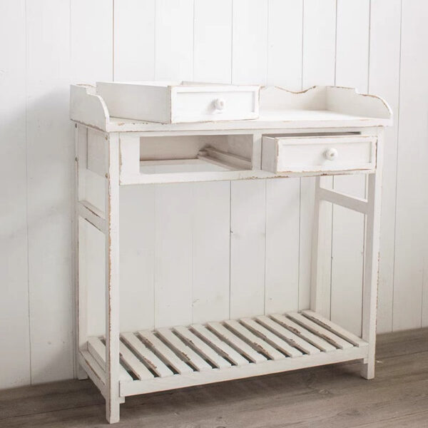 Vintage distressed solid wood console table – garden utility bench with drawers - Image 6