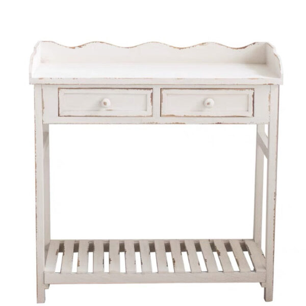 Vintage distressed solid wood console table – garden utility bench with drawers - Image 2
