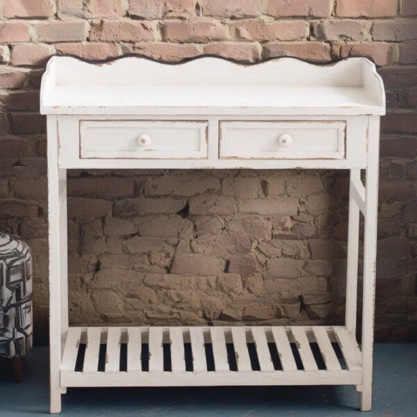 Vintage distressed solid wood console table – garden utility bench with drawers - Image 4