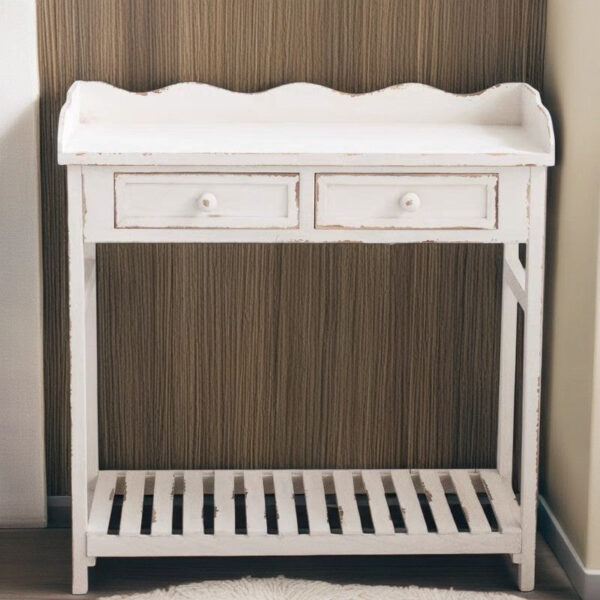 Vintage distressed solid wood console table – garden utility bench with drawers - Image 3