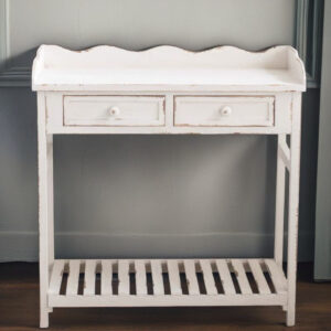 Vintage distressed solid wood console table – garden utility bench with drawers
