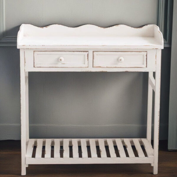 Vintage distressed solid wood console table – garden utility bench with drawers