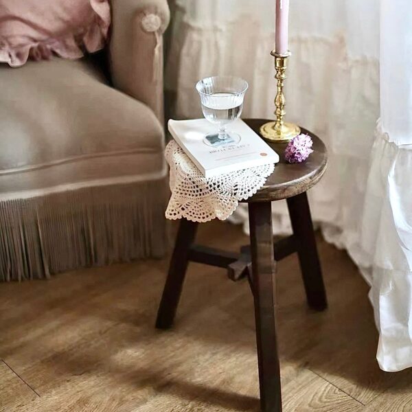 Vintage Round High Stool with Tripod Legs – Rustic Wooden Accent Stool - Image 4