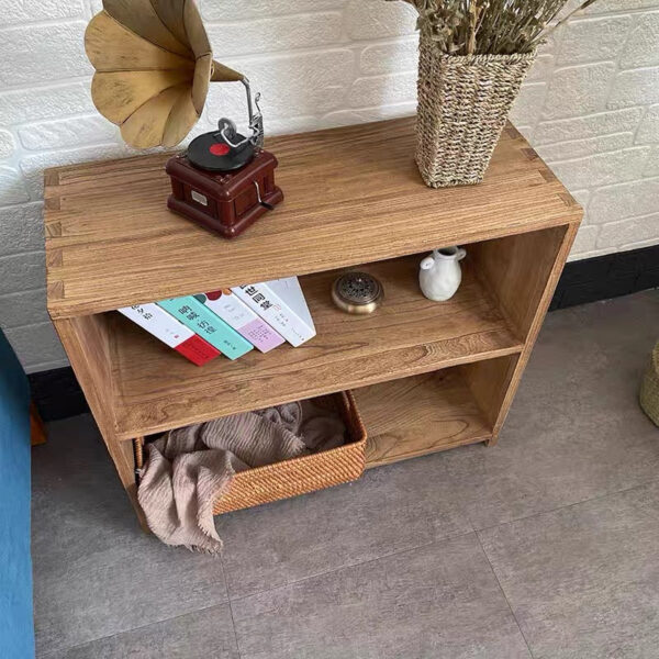 Solid Elm Wood Double-Layer Storage Shelf, Wall-Mounted Bookcase & Entryway Shoe Rack - Image 6