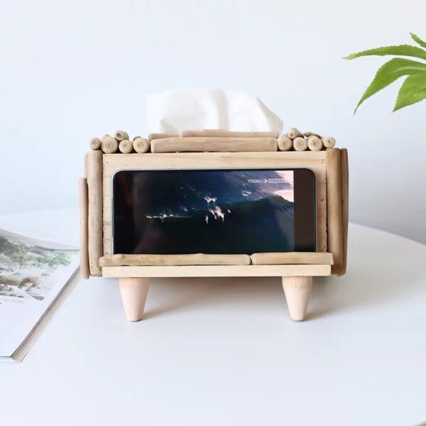 Rustic Wooden Tissue Box with Phone Holder - Image 7