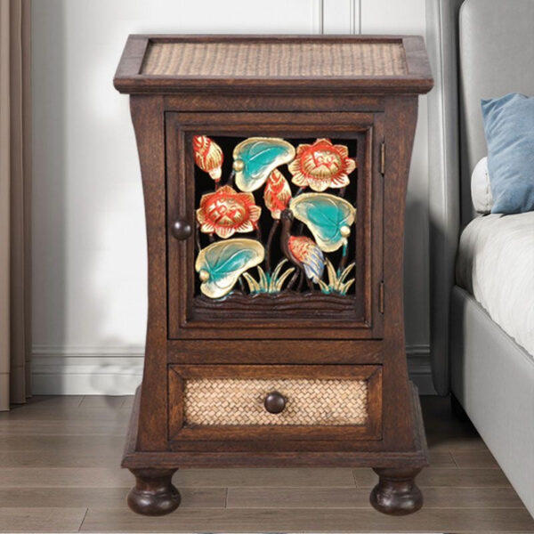 Craftsman style hand carved and rattan bedside table - Image 4