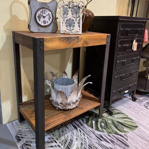 Rustic Industrial Side Table – Dual-Tier Wooden Shelf for Storage & Display - Image 8