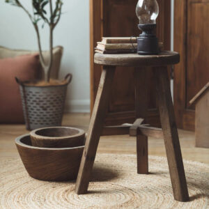 Vintage Round High Stool with Tripod Legs – Rustic Wooden Accent Stool