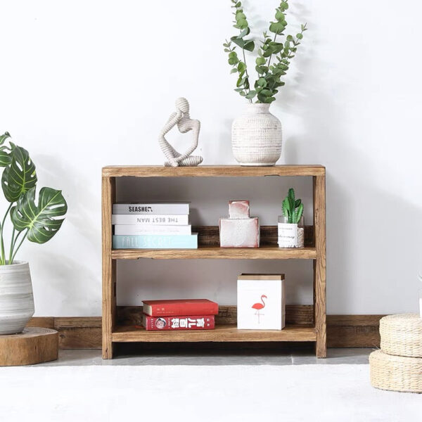 Solid Elm Wood Double-Layer Storage Shelf, Wall-Mounted Bookcase & Entryway Shoe Rack - Image 3