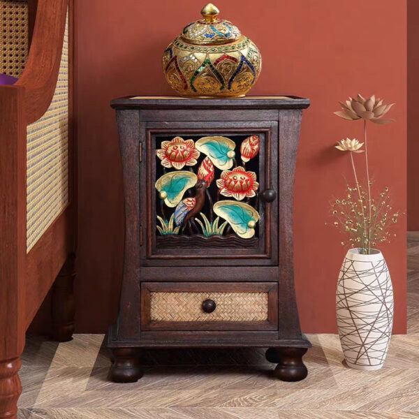 Craftsman style hand carved and rattan bedside table - Image 7