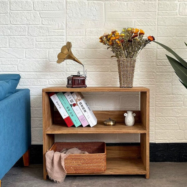 Solid Elm Wood Double-Layer Storage Shelf, Wall-Mounted Bookcase & Entryway Shoe Rack